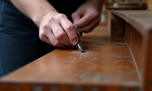 Restaurator arbeitet an einem antiken Holzmöbel