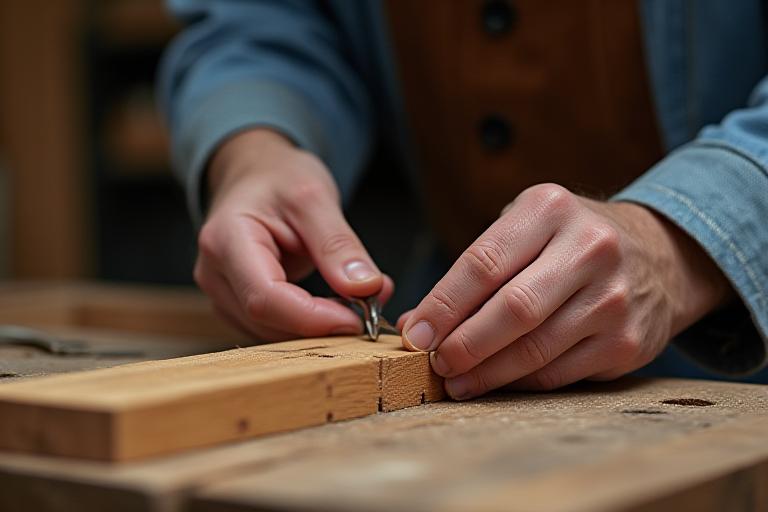 Ein Tischler bei der Arbeit, der eine traditionelle Holzverbindung präzise ausführt.